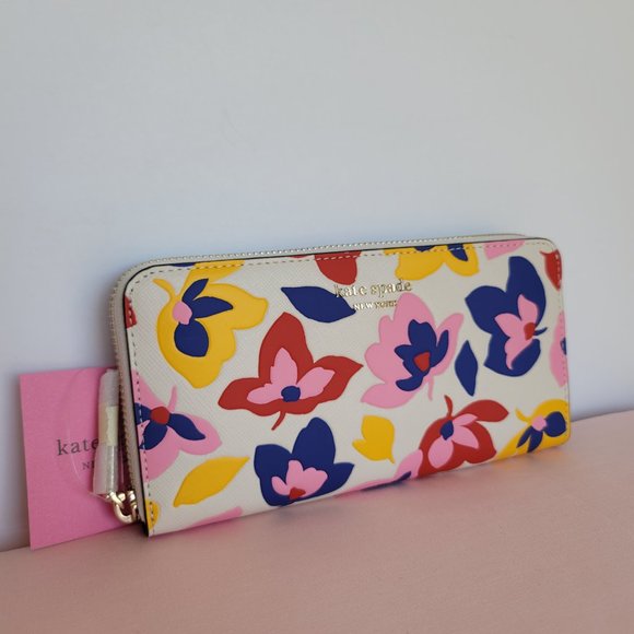 KATE SPADE Spencer Summer Flower Embossed Zip-around Continental Wallet-Cream ⭐ - Picture 5 of 16